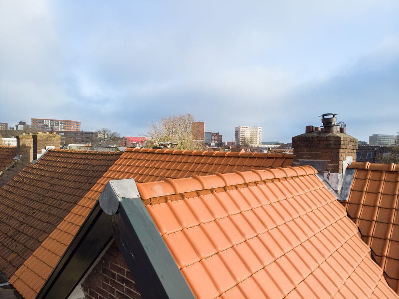 Dak huis, wijk op achtergrond, hoog, drone.
