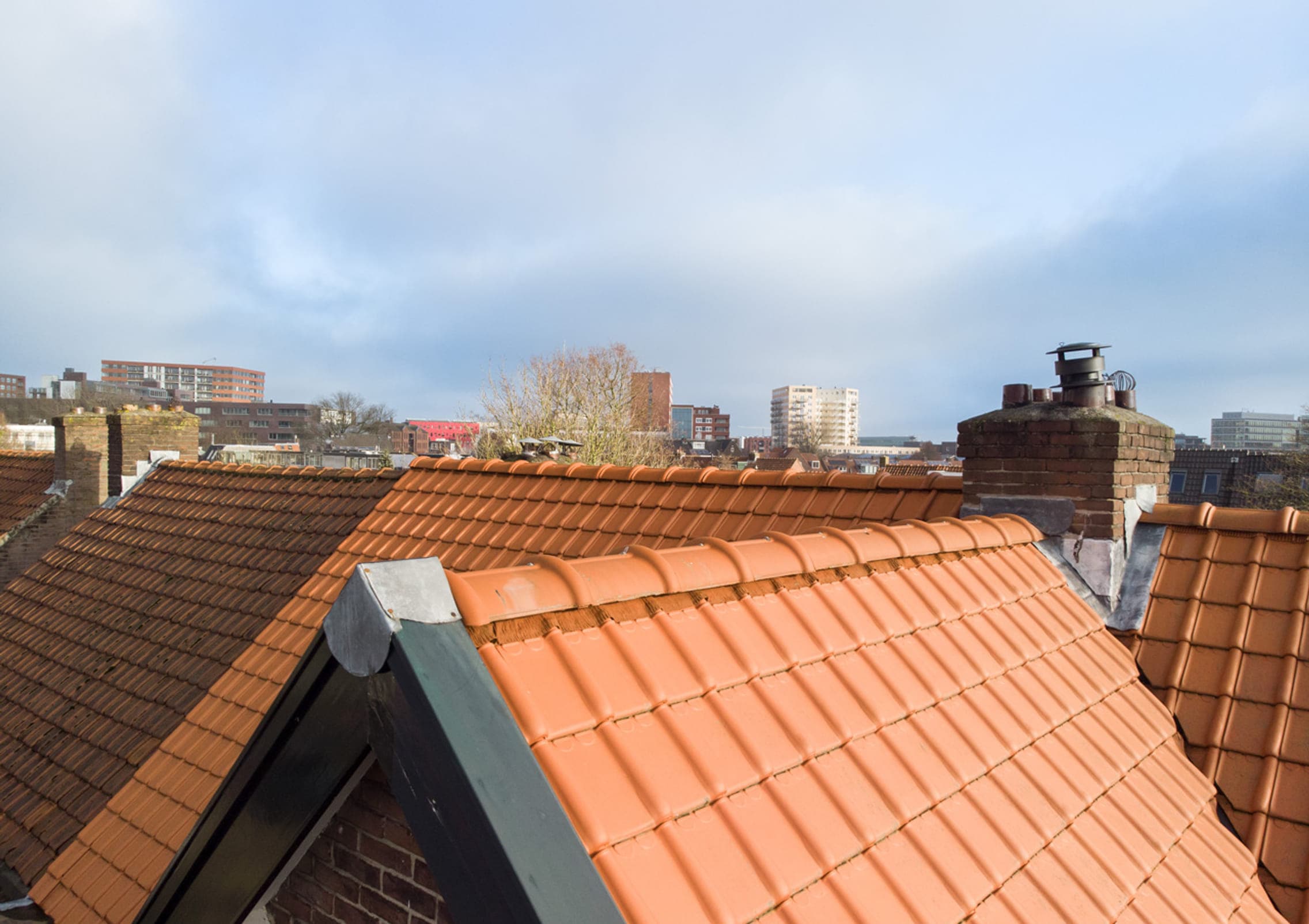 Dak huis, wijk op achtergrond, hoog, drone.