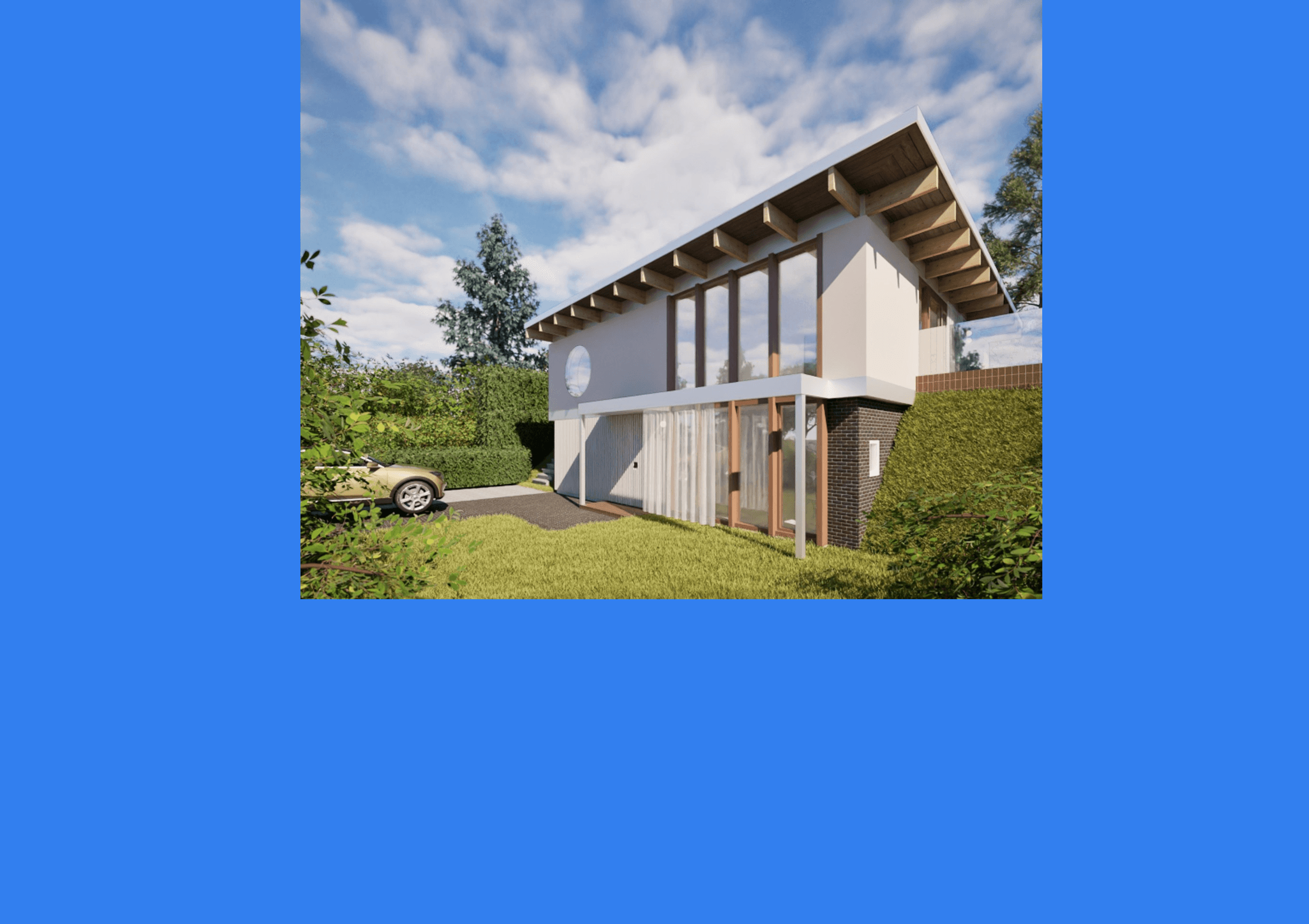 Moderne vrijstaande rechthoekige bungalow met grote raampartijen en een opvallend dak.