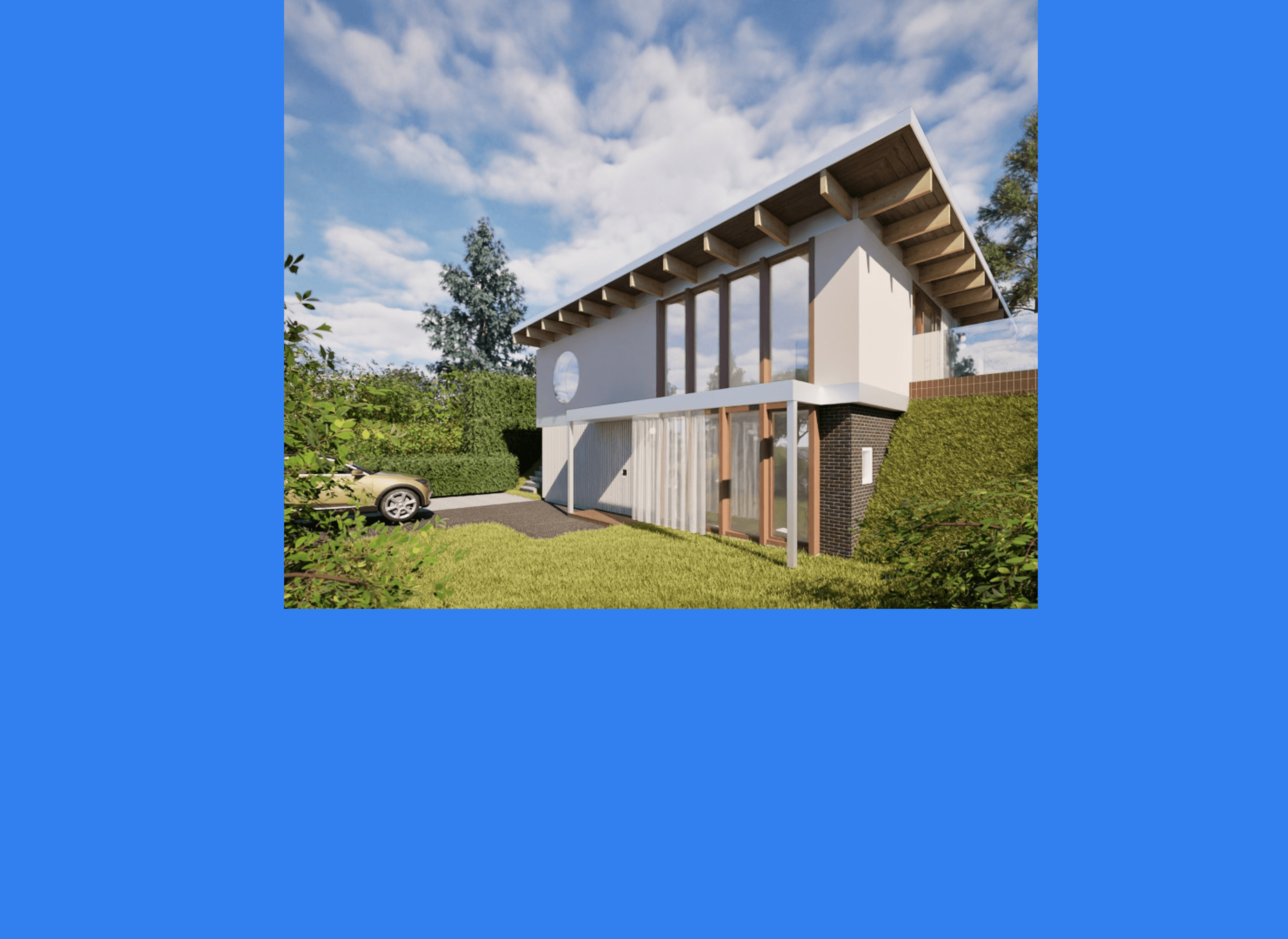 Moderne vrijstaande rechthoekige bungalow met grote raampartijen en een opvallend dak.