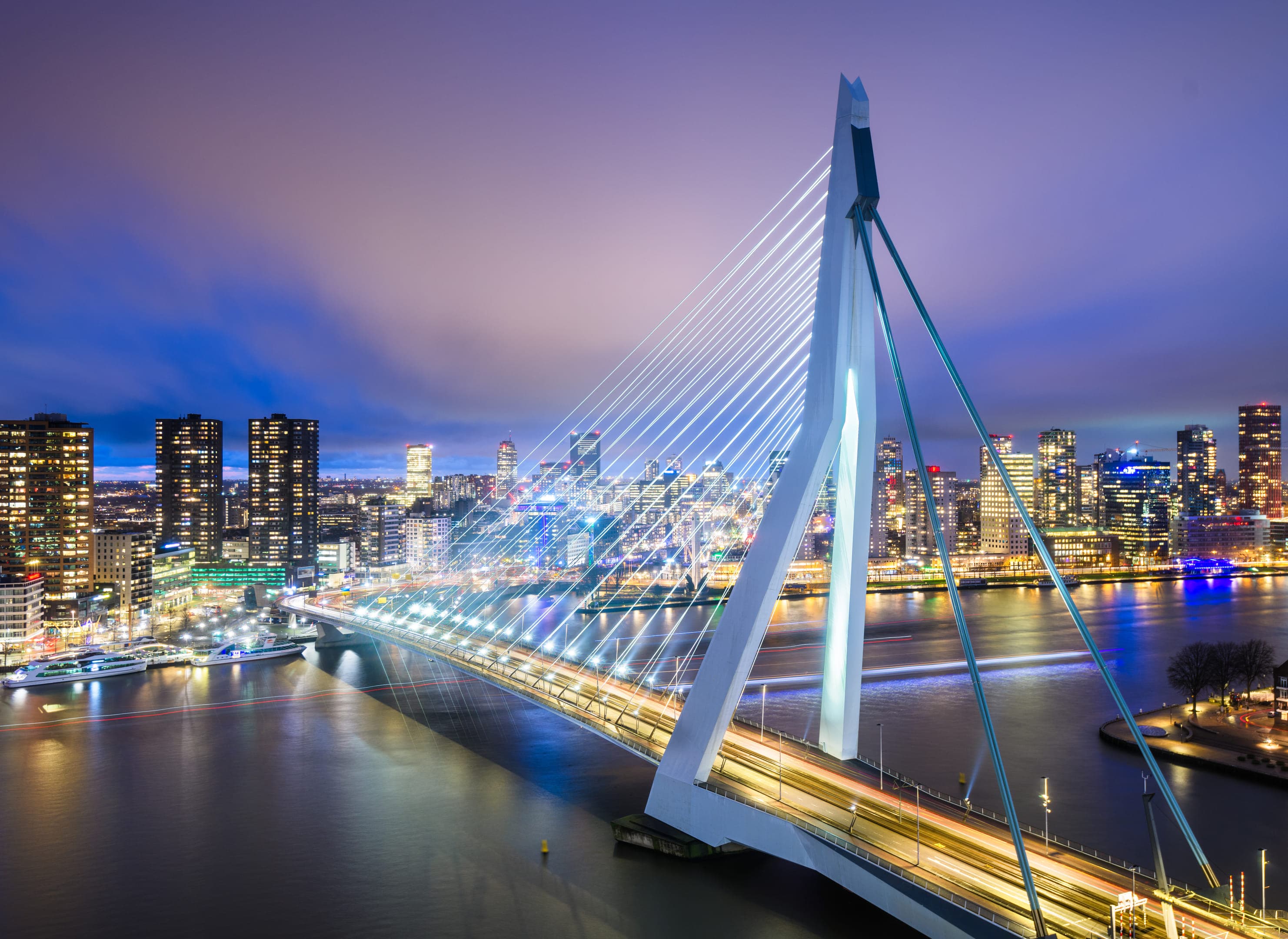 Skyline van Rotterdam in de avond met de Erasmusbrug
