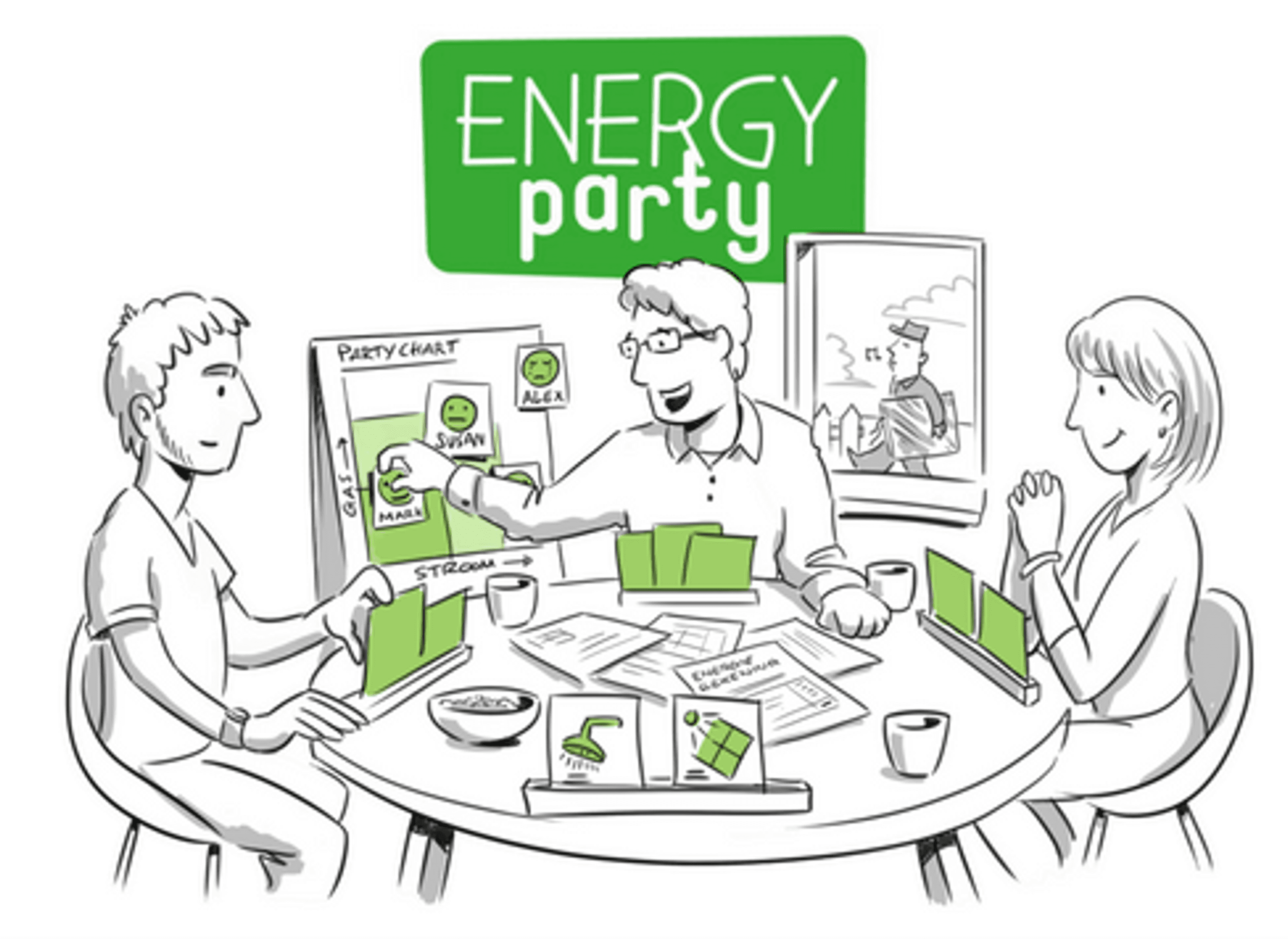 Tekening over de Energyparty, een man en vrouw zitten aan tafel bij een energieadviseur met heel veel foldermateriaal.