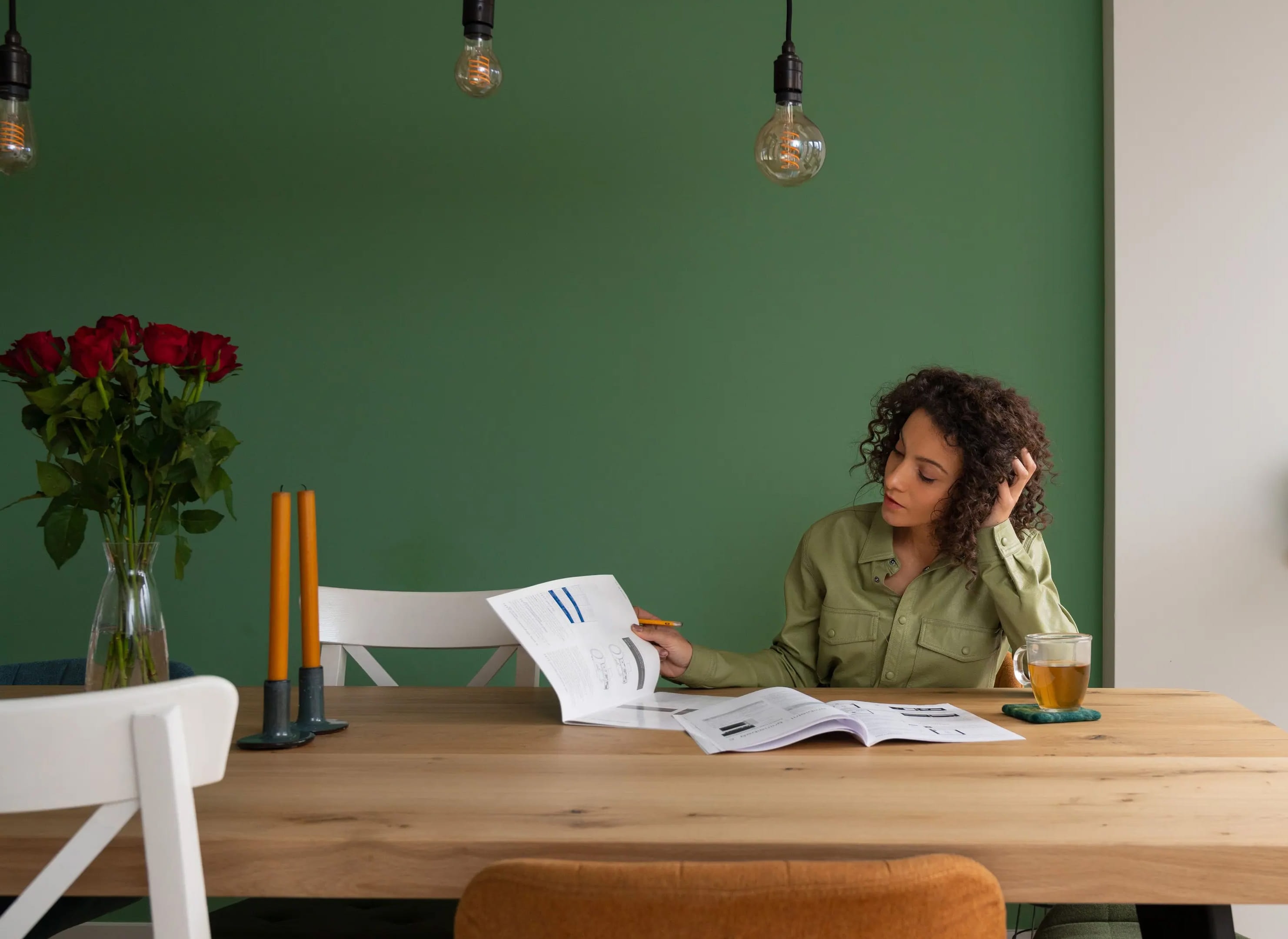 Vrouw zit aan tafel met een kop thee en verschillende papieren, een handleiding of offerte